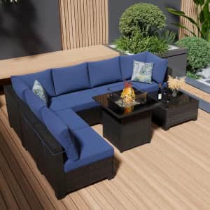 8-Piece Outdoor Sectional Furniture Set w/ Gas Fire Pit & Table: $349
