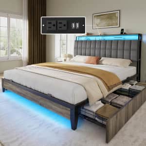Yitahome Queen Upholstered Platform Bed w/ Charging Station: $170