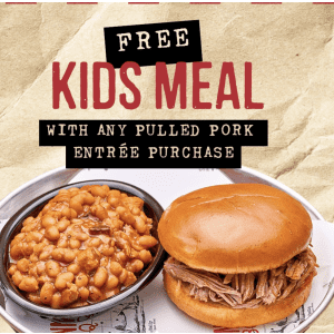 Sonny's BBQ Kids' Meal: Free w/ pulled pork entree purchase Sonny's BBQ Kids' Meal: Free w/ pulled pork entree purchase