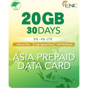 ENC Mobile 20GB 30-Day Pre-Paid Asia Data Only SIM Card: $23.99