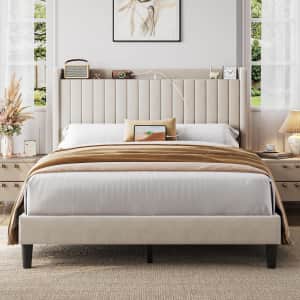 Yaheetech Queen Bed Frame w/ Charging Headboard & Shelf: $139.99