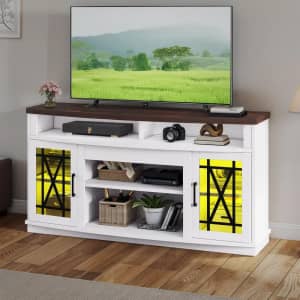 Mid-Century 59" TV Stand with LED Lights and Glass Doors: $159.99