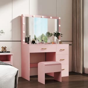 Modern 35" Makeup Vanity Desk Set with Lighted Mirror and 4 Drawers: $135.99