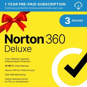Norton 360 Deluxe 1-Year Software Subscription: $15