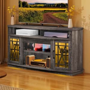 Mid-Century 59" TV Stand with LED Lights and Glass Doors: $159.99