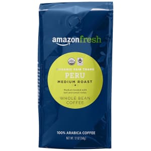 Amazon Fresh Organic Fair Trade Peru Medium Roast 12-oz. Whole Bean Coffee: $5.11 via Sub & Save