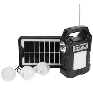 Solarek Portable Power Station and FM Radio with Solar Panel, Light Bulbs: $40