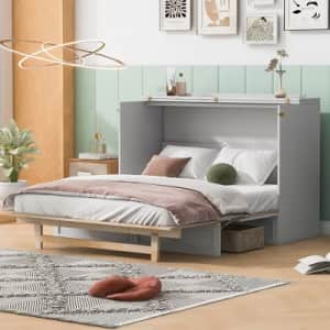 ModernLuxe Queen Wooden Murphy Wall Bed w/ Drawer & Charging Outlets: $392