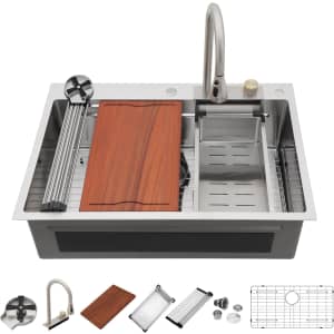 33x22" Waterfall Kitchen Workstation Sink with Faucet Combo: $320