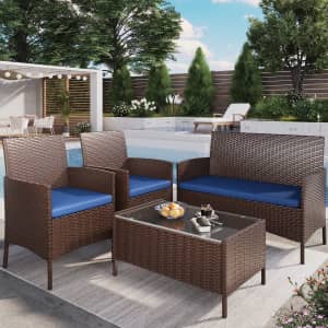 Elposun 4-Piece Outdoor Wicker Rattan Patio Conversation Furniture Set: $99.95