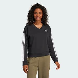 adidas Women's Essentials 3-Stripes French Terry V-Neck Sweatshirt: $10 adidas Women's Essentials 3-Stripes French Terry V-Neck Sweatshirt: $10