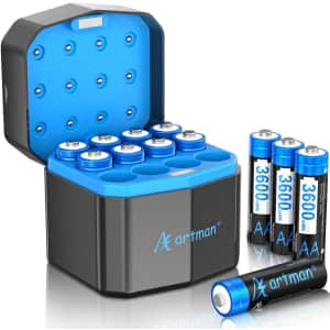 Artman Rechargeable AA Lithium Batteries 12-Pack w/ Charger: $22.49