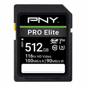 PNY 512GB PRO Elite Class 10 U3 V30 SDXC Flash Memory Card - 100MB/s, Class 10, U3, V30, 4K UHD, for $40