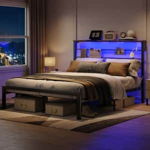 Bestier Queen Size Bed Frame with LED Lighting, Storage Headboard Shelf for $106