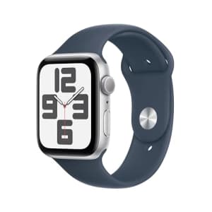 Apple Watch SE (2nd Gen) [GPS 44mm] Smartwatch with Silver Aluminum Case with Storm Blue Sport Band for $219