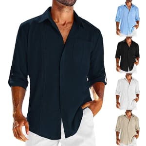 Koulb Men's Plain Lapel Linen Shirt for $12