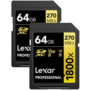 Lexar GOLD Series Professional 1800x 64GB UHS-II U3 SDXC Memory Card, 2-Pack for $60