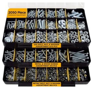 Jackson Palmer 2,050-Piece Hardware Assortment Kit. That's $5 less than you'd pay on eBay. Best part is you may never again have to stop and journey to a hardware store for that one missing bolt, etc.