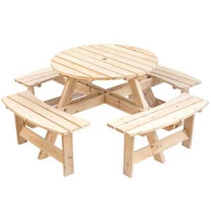 Gardenised Wooden Outdoor Patio Garden Round Picnic Table with Bench, 8 Person-Natural, 35D x 35W x for $202