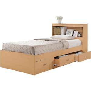 Hodedah Twin Size Wood Platform Bed w/ Bookcase Headboard for $189