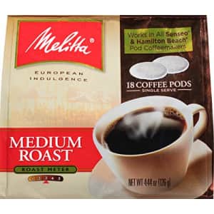 Melitta Medium Roast Coffee Pods for Senseo & Hamilton Beach Pod Brewers, 18 Count (Pack of 6) for $34 Melitta Medium Roast Coffee Pods for Senseo & Hamilton Beach Pod Brewers, 18 Count (Pack of 6) for $34