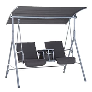 Outsunny 2 Person Porch Swing with Stand, Outdoor Swing with Canopy, Pivot Storage Table, 2 Cup for $180