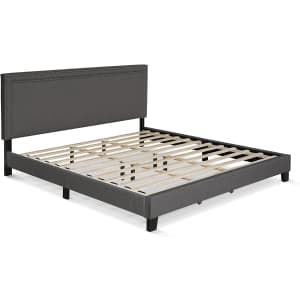 Furinno Laval Double Row Nail Head Upholstered King Platform Bed Frame for $130