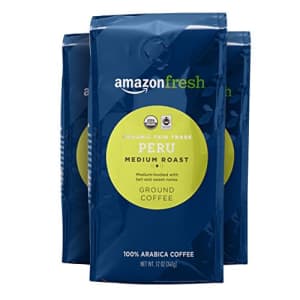 Amazon Fresh Organic Fair Trade Peru Ground Coffee, Medium Roast, 12 Ounce (Pack of 3) for $25