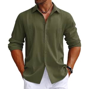 Coofandy Men's Cuban Guayabera Long Sleeve Shirt for $7