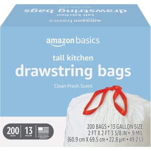Amazon Basics 13-Gallon Tall Kitchen Drawstring Trash Bags 200-Pack. Order via Subscribe & Save to drop the price to $11 off list.