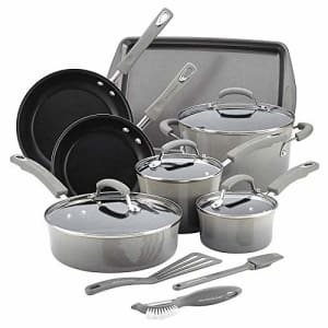 Rachael Ray Hard Enamel Cookware Set 14 Piece Sea Salt Gray for $150 Rachael Ray Hard Enamel Cookware Set 14 Piece Sea Salt Gray for $150
