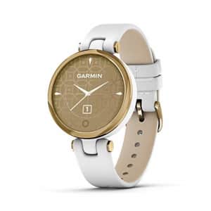 Garmin Lily, Small GPS Smartwatch with Touchscreen and Patterned Lens, Light Gold with White for $200