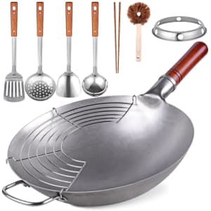 Teewe 13.4" Carbon Steel Wok with 8-Pc. Accessories for $24