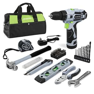 WORKPRO 12V Cordless Drill Driver and Home Tool Kit, Hand Tool Set for DIY, Home Maintenance, for $60