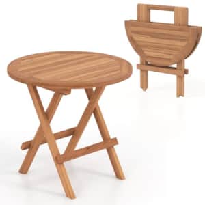 Tangkula Patio Folding Side Table, Teak Wood Round End Table with Slatted Tabletop, Sturdy X-Shaped for $100