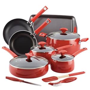 Rachael Ray Cityscapes Nonstick Cookware Pots and Pans Set, 14 Piece, Cherry for $122