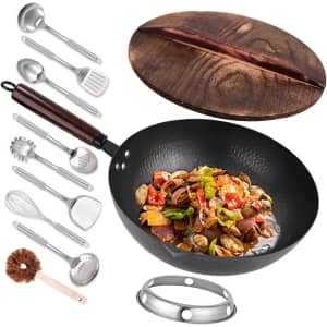 Leidawn 12.8" Carbon Steel Wok w/ Accessories for $43
