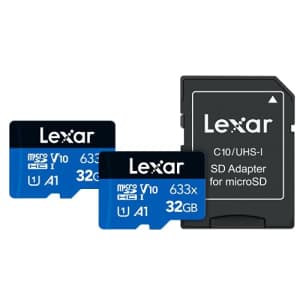 Lexar High-Performance 633x 32GB (2-Pack) microSDHC UHS-I Card w/SD Adapter, Up to 100MB/s Read, for $11 Lexar High-Performance 633x 32GB (2-Pack) microSDHC UHS-I Card w/SD Adapter, Up to 100MB/s Read, for $11