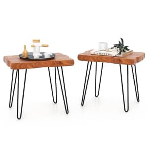 Giantex Teak Wood End Table, Solid Live Edge Outdoor Side Table w/Natural Grain & Heavy-Duty Metal for $136