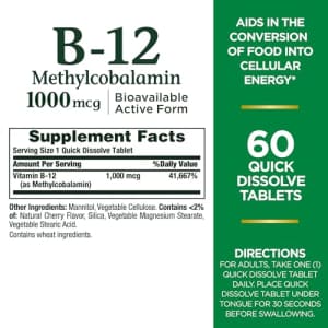 Nature's Bounty Vitamin B-12 Quick Dissolve Tablets, 1000mcg, Aids in The Conversion of Food into for $7