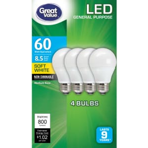 Great Value 60W Equivalent LED Bulbs 4-Pack for $5 Great Value 60W Equivalent LED Bulbs 4-Pack for $5