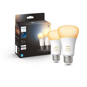Philips Hue 2-Pack White Ambiance A19 Medium Lumen Smart Bulb, 1100 Lumens, Bluetooth & Zigbee for $50