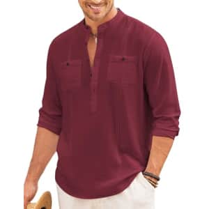 Men's Linen Henley Guayabera Long Sleeve Shirt for $15