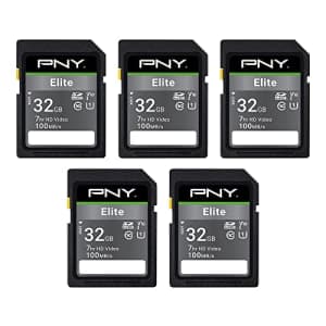 PNY 32GB Elite Class 10 U1 V10 SDHC Flash Memory Card 5-Pack - 100MB/s Read, Class 10, U1, V10, for $15 PNY 32GB Elite Class 10 U1 V10 SDHC Flash Memory Card 5-Pack - 100MB/s Read, Class 10, U1, V10, for $15