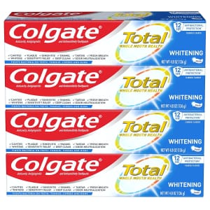 Colgate Total Whitening Toothpaste 4.8-Oz. Tube 4-Pack for $12 via Sub & Save Colgate Total Whitening Toothpaste 4.8-Oz. Tube 4-Pack for $12 via Sub & Save