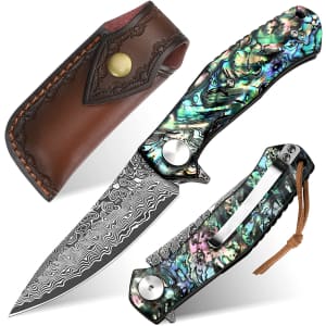 Benkey Damascus Pocket Knife w/ Leather Sheath for $18 w/ Prime