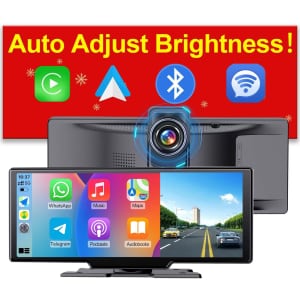 10" Wireless Portable CarPlay and Android Auto Screen with Dash Cam for $76