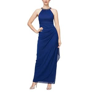 Alex Evenings Women's Long Formal Stretch Mesh Beaded Halter Neck Dress, Electric Blue for $198