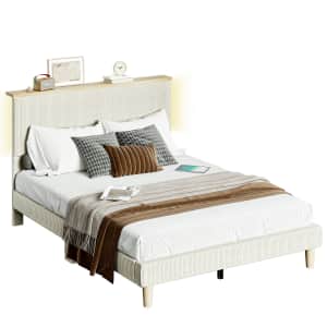 Bestier Corduroy Upholstered Queen Platform Bed w/ LED Lighting for $146