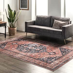 nuLOOM Medallion Bordered Machine Washable Ultra Thin Area Rug, 5' x 8', Rust for $60